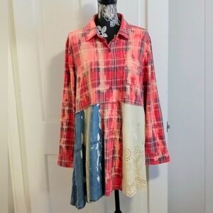 🤠Jaded Gypsy🤠 - Vintage Plaid Acid Wash Patchwork Boho Oversized Shirt Dress